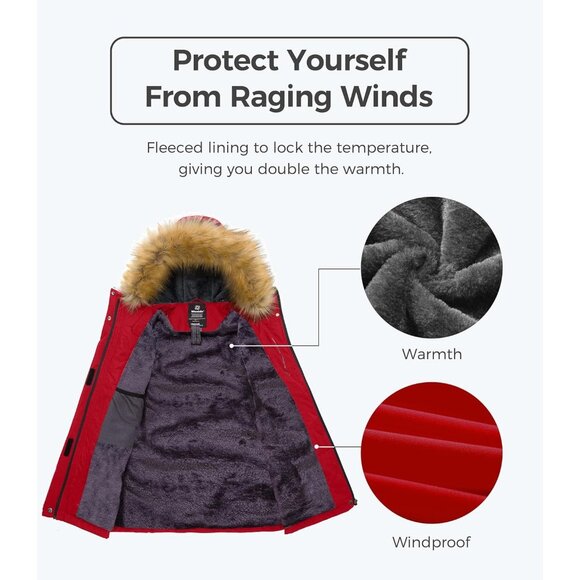Women's Waterproof Red Snow Ski Jacket Hooded Coat Snowboarding Fleece - Picture 3 of 5